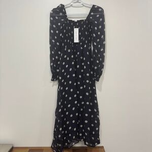 Amour Vert Womens Carolina Dress XS Black Smocked Floral Midi Long Sleeve Puff